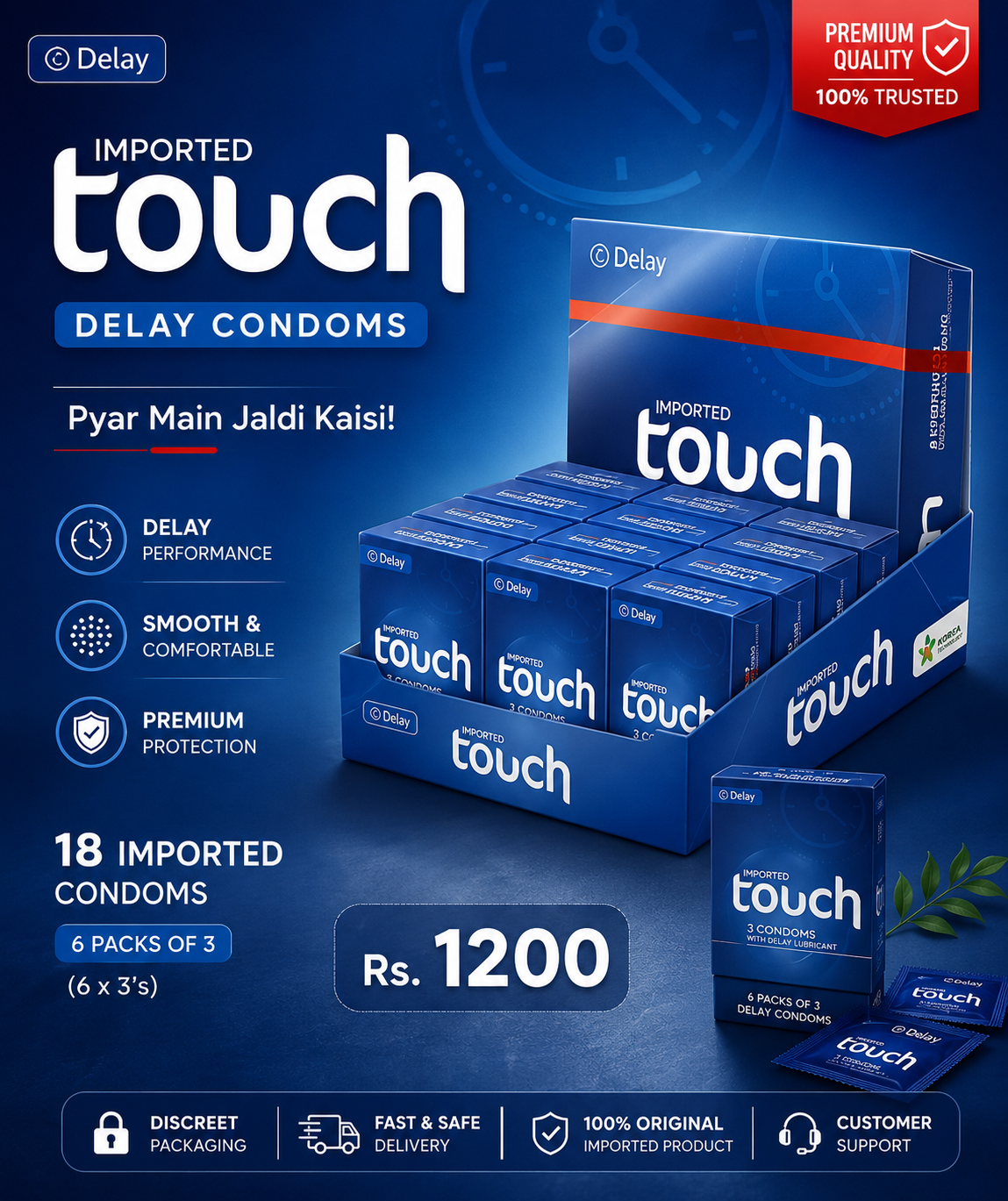 Touch Delay Condoms Tray - Pack of 3 - 18 Pieces (6 x 3's)